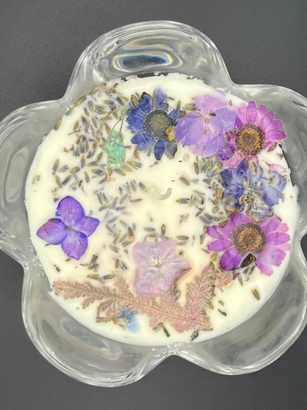 Floral Pedestal Glass Bowl Candle with Lavender and Pressed Botanicals